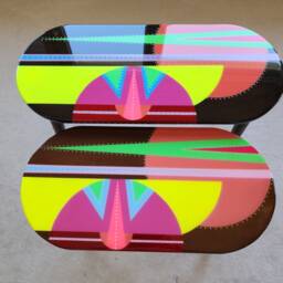 Oval Yellow Pink Resin Side Tables, Colorful Painted Wood Art Coffee Table - thumbnail 4