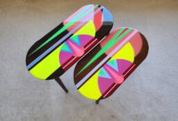 Oval Yellow Pink Resin Side Tables, Colorful Painted Wood Art Coffee Table