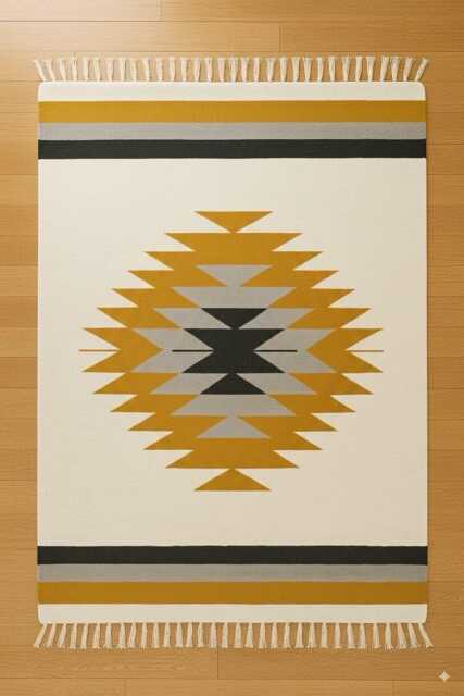 Handwoven Wool Kilim Rug Mustard & Beige, Modern Boho Decor, Natural Wool Handmade Runner - image 1