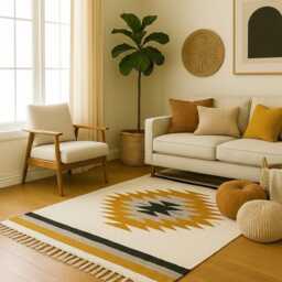 Handwoven Wool Kilim Rug Mustard & Beige, Modern Boho Decor, Natural Wool Handmade Runner - thumbnail 2