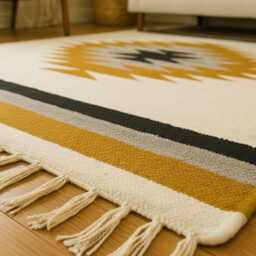 Handwoven Wool Kilim Rug Mustard & Beige, Modern Boho Decor, Natural Wool Handmade Runner - thumbnail 3