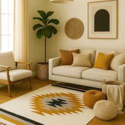 Handwoven Wool Kilim Rug Mustard & Beige, Modern Boho Decor, Natural Wool Handmade Runner - thumbnail 4