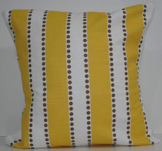 New 18x18 Inch Designer Handmade Pillow Cases. Wide Yellow Stripe With Taupe Dots