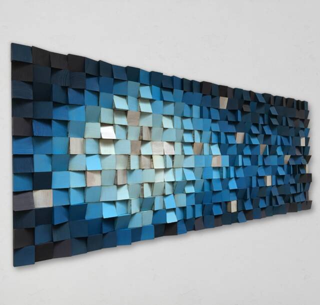 Geometric Wood Wall Art - Blue Shades, Reclaimed Pine, Sound Diffuser - image 1