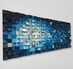 Geometric Wood Wall Art - Blue Shades, Reclaimed Pine, Sound Diffuser - thumbnail 1
