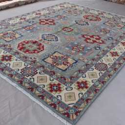 8x10 Gray Afghan Rug, Traditional Geometric Hand Knotted Wool Tribal Kazak Natural Dyes, Large Oriental Living Room Rug - thumbnail 2