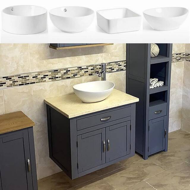 Grey Painted Wall Hung Vanity Unit - Cream Marble Top, Ceramic Basin - image 1