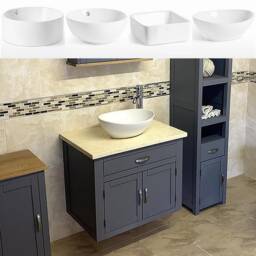 Grey Painted Wall Hung Vanity Unit - Cream Marble Top, Ceramic Basin
