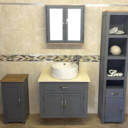 Grey Painted Wall Hung Vanity Unit - Cream Marble Top, Ceramic Basin - thumbnail 2
