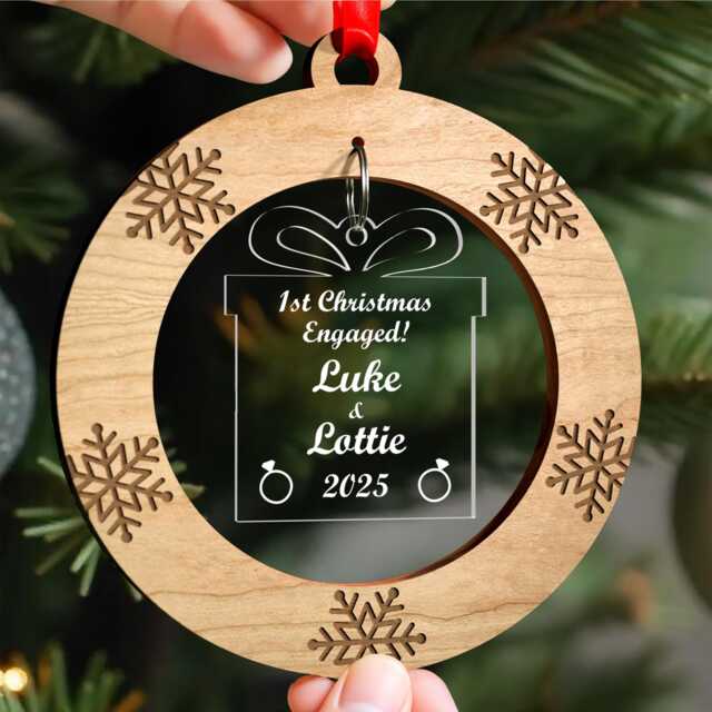 1st Christmas Engaged Ornament, Personalised Tree Decoration, Engagement, Best Friend Engaged, With Red Bag - image 1