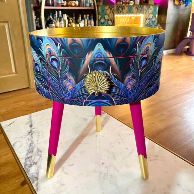 Peacock Side Table, Blue, Green & Teal Jewel Colours, Opulent Nightstand, Hot Pink Navy Bedside Round Small Table - image 1
