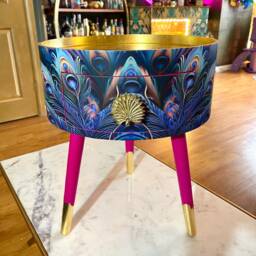 Peacock Side Table, Blue, Green & Teal Jewel Colours, Opulent Nightstand, Hot Pink Navy Bedside Round Small Table - thumbnail 1