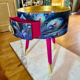 Peacock Side Table, Blue, Green & Teal Jewel Colours, Opulent Nightstand, Hot Pink Navy Bedside Round Small Table - thumbnail 2