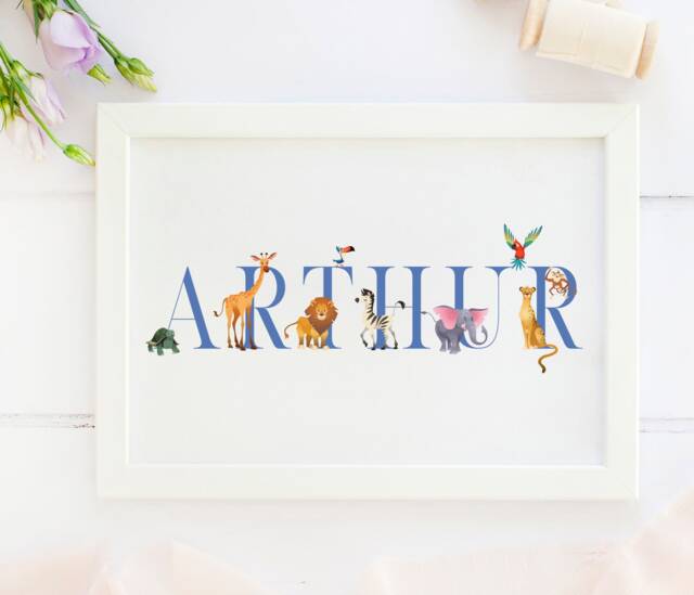 Personalised New Baby Gift, Zoo Animals, Name Print, Animals Themed Nursery, Print For Boy - image 1