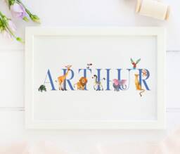 Personalised New Baby Gift, Zoo Animals, Name Print, Animals Themed Nursery, Print For Boy - thumbnail 1