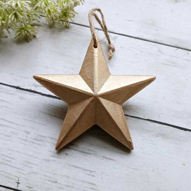 Gold Wooden 3D Chunky Hanging Star Decoration - The Home & Hearts Shop Rustic Shabby Wall Decor Christmas Wedding Gift - image 1