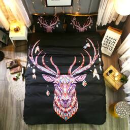 3D Elk Duvet Cover Set, Bohemian Bedding, Black Queen/King Size - thumbnail 1
