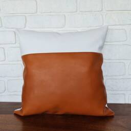 Burnt Orange Faux Leather Pillow Cover, White Cotton Accent - 18x18 - thumbnail 4