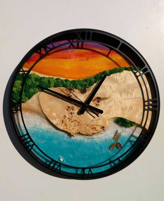 Epoxy Resin Moss Clock Handmade Wood & Metal Sunset Beach Decor - image 1