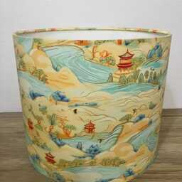 Yellow Vintage Style Chinese Landscape Lampshade, With Red Green & Blue Detail, Made To Order in Various Sizes & Linings - thumbnail 3