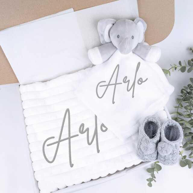 Embroidered White Elephant Comforter Blanket Gift Set - Baby Shower Booties Newborn Girl Boy - image 1