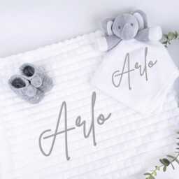 Embroidered White Elephant Comforter Blanket Gift Set - Baby Shower Booties Newborn Girl Boy - thumbnail 2