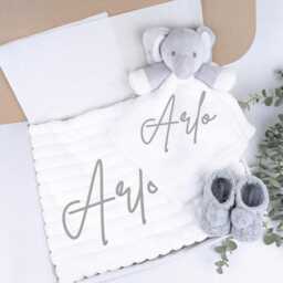 Embroidered White Elephant Comforter Blanket Gift Set - Baby Shower Booties Newborn Girl Boy - thumbnail 1