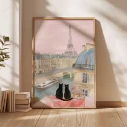 Paris Cat Poster Print, Eiffel Tower Wall Art, Romantic French Balcony View, Seine River & Cats Illustration, Parisian Decor, France Gift - thumbnail 3