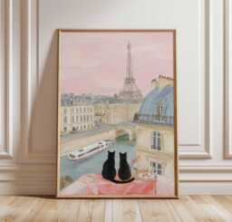 Paris Cat Poster Print, Eiffel Tower Wall Art, Romantic French Balcony View, Seine River & Cats Illustration, Parisian Decor, France Gift - thumbnail 1