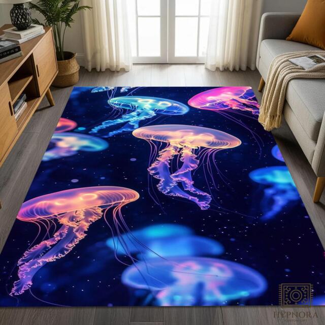Glowing Jellyfish Area Rug Neon Ocean Marine Life Home Decor Mat - image 1