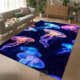 Glowing Jellyfish Area Rug Neon Ocean Marine Life Home Decor Mat - thumbnail 2
