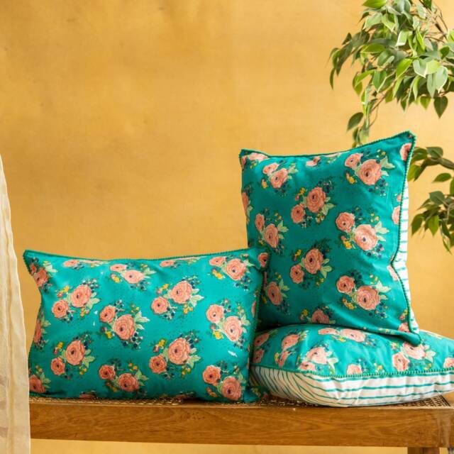 Green Kentish Rose Blockprinted Cushion Cover - image 1