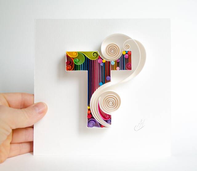 Letter T Quilling Art - Personalized Monogram, Framed Paper Filigree - image 1