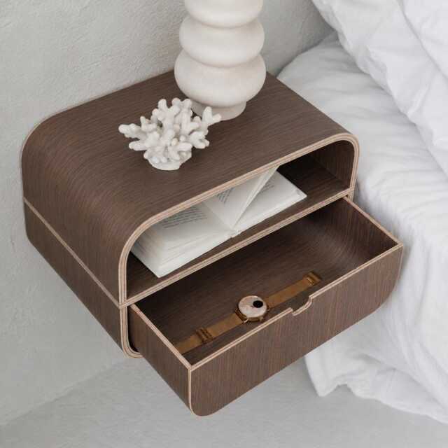 Bedroom Minimalist Wall Mounted Nightstand, Floating Oak Shelf Console, Wooden Bedside Night Table Drawer - image 1