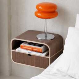 Bedroom Minimalist Wall Mounted Nightstand, Floating Oak Shelf Console, Wooden Bedside Night Table Drawer - thumbnail 4