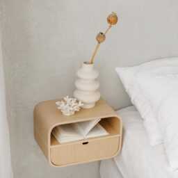 Bedroom Minimalist Wall Mounted Nightstand, Floating Oak Shelf Console, Wooden Bedside Night Table Drawer - thumbnail 2