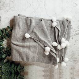 Gray Throw Blanket, Cotton Pom Tassel Throws, Neutral Blankets, Modern Cottage Decorative Sweater Like Blanket - thumbnail 1