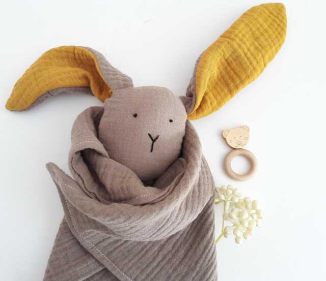 Baby Comfort Blanket, Large Bunny Comforter, Floppy Ears Rabbit Toy, Rainbow Newborn Lovey, Muslin Cloth Doudou - image 1