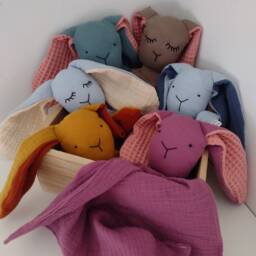 Baby Comfort Blanket, Large Bunny Comforter, Floppy Ears Rabbit Toy, Rainbow Newborn Lovey, Muslin Cloth Doudou - thumbnail 4