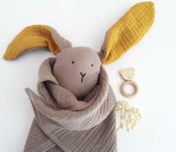 Baby Comfort Blanket, Large Bunny Comforter, Floppy Ears Rabbit Toy, Rainbow Newborn Lovey, Muslin Cloth Doudou - thumbnail 1
