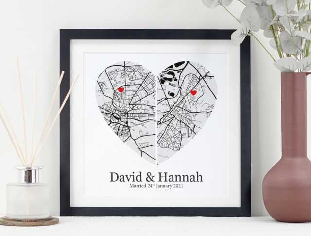 Personalised Split Heart Map Print - Couples Anniversary Gift Wedding Location Valentine's Day For Him Or Her Va149 - image 1