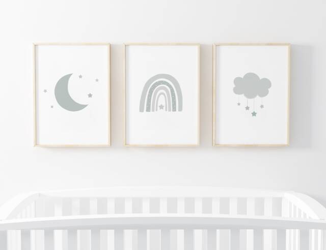 Neutral Rainbow Moon Cloud Prints - Set Of 3, Baby Boy Print, Nursery Prints, Wall Art, New Baby, Kids Bedroom, Sage Green - image 1