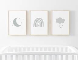 Neutral Rainbow Moon Cloud Prints - Set Of 3, Baby Boy Print, Nursery Prints, Wall Art, New Baby, Kids Bedroom, Sage Green - thumbnail 1