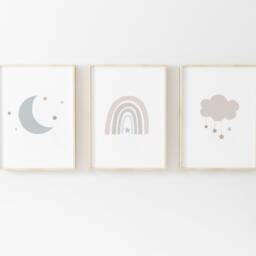 Neutral Rainbow Moon Cloud Prints - Set Of 3, Baby Boy Print, Nursery Prints, Wall Art, New Baby, Kids Bedroom, Sage Green - thumbnail 3