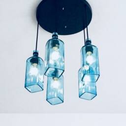 Bombay Sapphire Gin Bottle Industrial Light Fixture - Chandelier Ceiling Lamp Made From 5 Bottles For Home & Bar Lighting - thumbnail 3