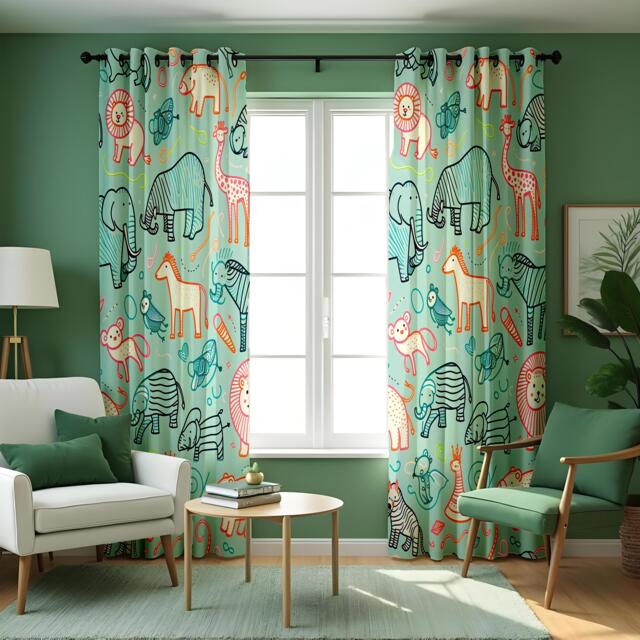 Colorful Safari Animal Curtains For Kids Room, Made To Measure Curtain Panels, Jungle Zoo Print, Fun Nursery Or Playroom Window Drapes - image 1