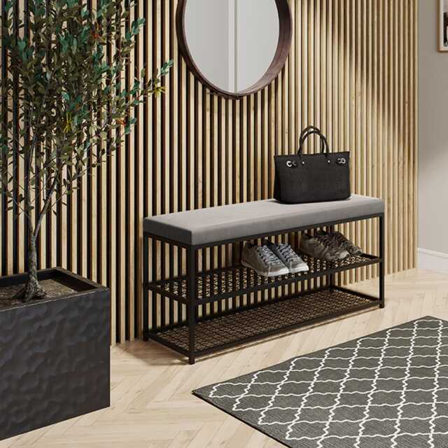 Metal Bench For Home, Upholstered Shoe With Storage Shelves, Industrial Bench, Ottoman Living Room, Entryway Furniture - image 1
