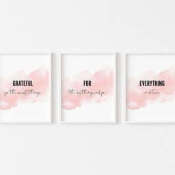 Grateful For Everything - Motivational Prints Set Of 3 Office Home Wall Art Bedroom Print Pink Decor Gratitude Quotes - thumbnail 2