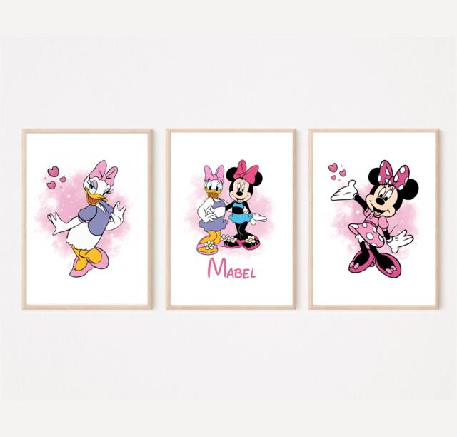 Set Of 3 Personalised Minnie Mouse & Daisy Duck Bedroom Prints Nursery For Girls A4 Or A5