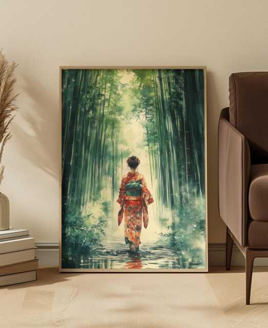 Japanese Watercolor Kimono Art Print Emerald Tranquil Bamboo Forest - image 1